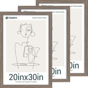 20x30 Walnut Poster Frame 3 Pack - Natural Brown, Solid Wood Picture Frame, Wall Gallery Frame