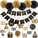 BRT Bearingshui Happy 80th Birthday Hanging Swirls Streamers Decoration, Happy Birthday Banner with Tissue Pompoms, Black and Gold 80 Years Old Birthday Party Hanging Backdrop Decorations