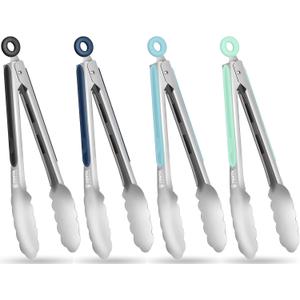 Tongs for Cooking, 9-Inch Stainless Steel Kitchen Tongs, Locking Metal Food Tongs with Silicone Non-Slip Grip, Kitchen Utensils Tongs for Food, Salad and Outdoor BBQ (Set of 4)