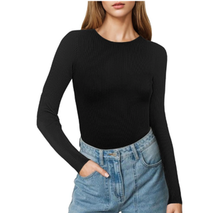 Buauty Women's Long Sleeve Crewneck Sweater 2025 Fall Ribbed Knit Fitted Shirts Slim Solid Pullovers Basic Casual Tee Tops Size Large