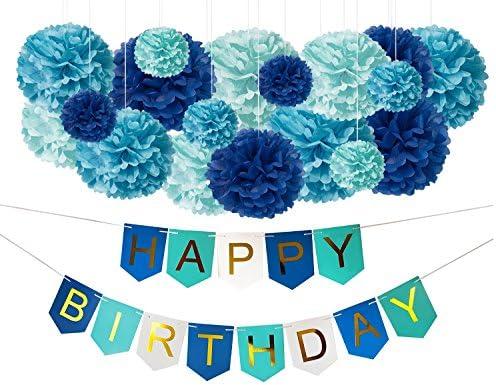 DIY Blue Birthday Decorations - Happy Bday Party Banner Sign and DIY Tissue Paper Pom-Pom Decor Kit for Kids, Teens, Boys, Girls - Under the Sea Beach Shark Whale Pool Dragon Theme Party Supplies