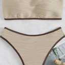 ZAFUL Women Strapless Textured Bandeau Bikini 2 Piece Swimwear Cheeky Solid Lace up Bathing Suits (Small)