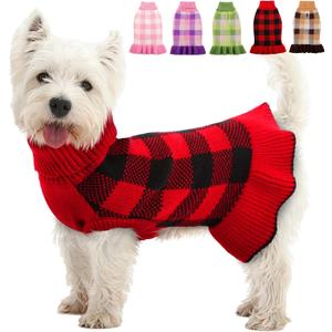 Dog Sweater Dress Plaid Knitwear for Small Medium Dogs Warm Puppy Pet Turtleneck Stretch Pullover Cute Fall Winter Vest Clothes with Leash Hole for Christmas (Red, S)