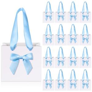 Kolldenn 50 Pcs No DIY Small Gift Bags with Blue Bow Ribbon 4''x2.7''x4.5'' Mini White Paper Thank You Bags Bulk with Handle for Baby Shower Wedding Party Favor Birthday Return Guests