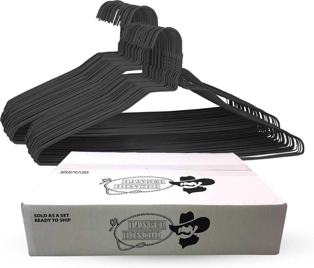 Wire Metal Clothes Hangers 200 Pack Bulk for Standard Size Shirts, Pants, Skirts, Space Saving, Non Slip,18 Inch 14.5 Gauge Ultra Thin Standard Dry Cleaner Coated Steel (200, Black)