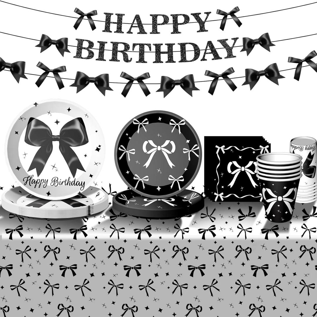 Black Bow Birthday Party Supplies Girl Coquette Birthday Party Decorations Includes Black Bow Plates Napkins Cups Tablecloth Banner for Bow Theme Party Decorations, Serve 24
