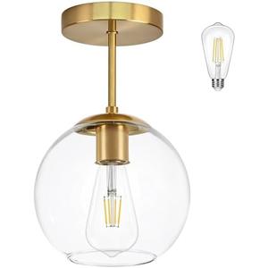 Bagood Gold Semi Flush Mount Ceiling Light Fixture with Clear Glass Light Fixture Mid Century Light Fixtures Gold Semi Flush Ceiling Light Fixtures for Dining Room Kitchen Island (Bulb Incl)