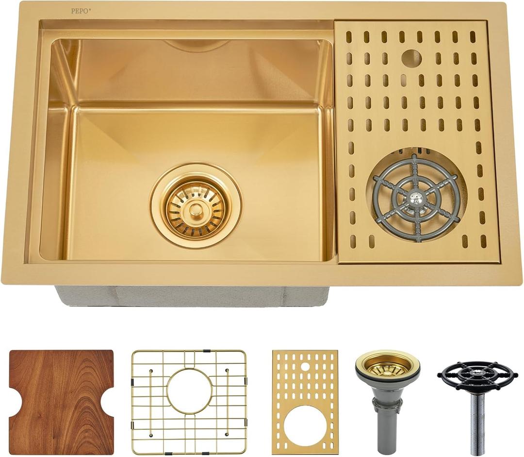 23 Inch Gold Undermount Bar Sink with Glass Rinser - PEPO 23x14x9 Inch Stainless Steel Workstation Sinks Bar Prep Sink 16 Gauge Single Bowl Undermount Kitchen Sink with Cup Washer