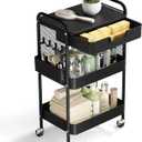 3 Tier Rolling Cart with Drawer, Metal Rolling Utility Cart on Wheels with Pegboard, Art Cart Storage Organizer with Tabletop for Living Room, Office, Bedroom (Black)