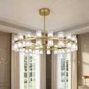 31.5 Inch Gold Wagon Wheel Chandelier, Modern Farmhouse Chandelier with K9 Crystal Chandelier Shade, for Dining Room Light Fixture, Kitchen Island, Entryway, Foyer