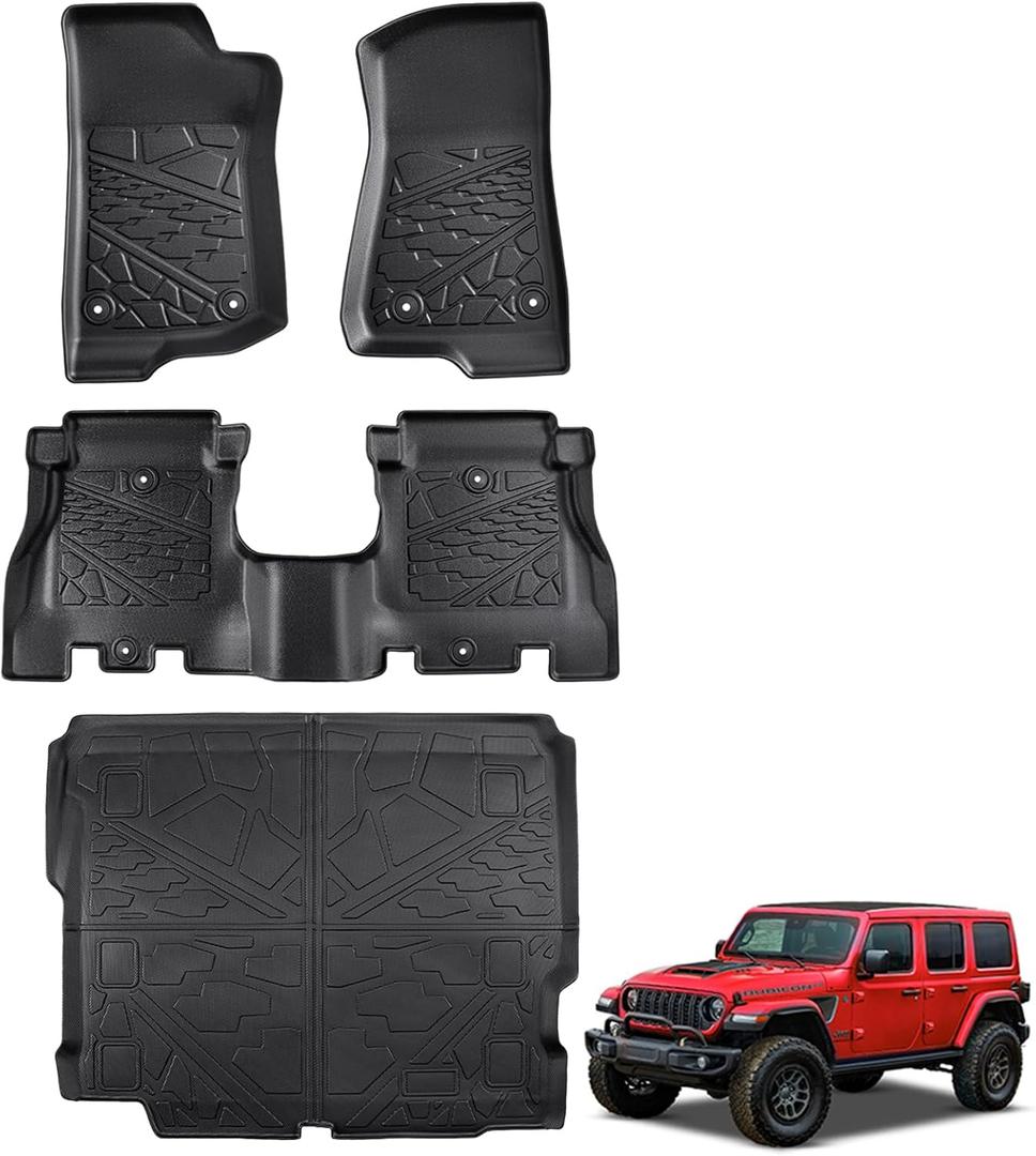 for Jeep Wrangler JL 2018-2025 Unlimited 4 Door Without Subwoofer (Non JK or 4XE) Floor Mats Cargo Liner Trunk Carpet TPE All Weather mat for Wrangler JL 2019 2020 2021 2022 2023 2024 Car Accessories