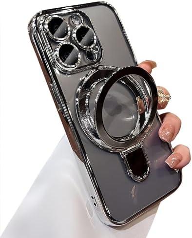 Magnetic Case for iPhone Case Magsafe with Invisible Kickstand Camera Protector Plating Shockproof Soft Rubber Clear Protective Phone Case (Titanium Grey)