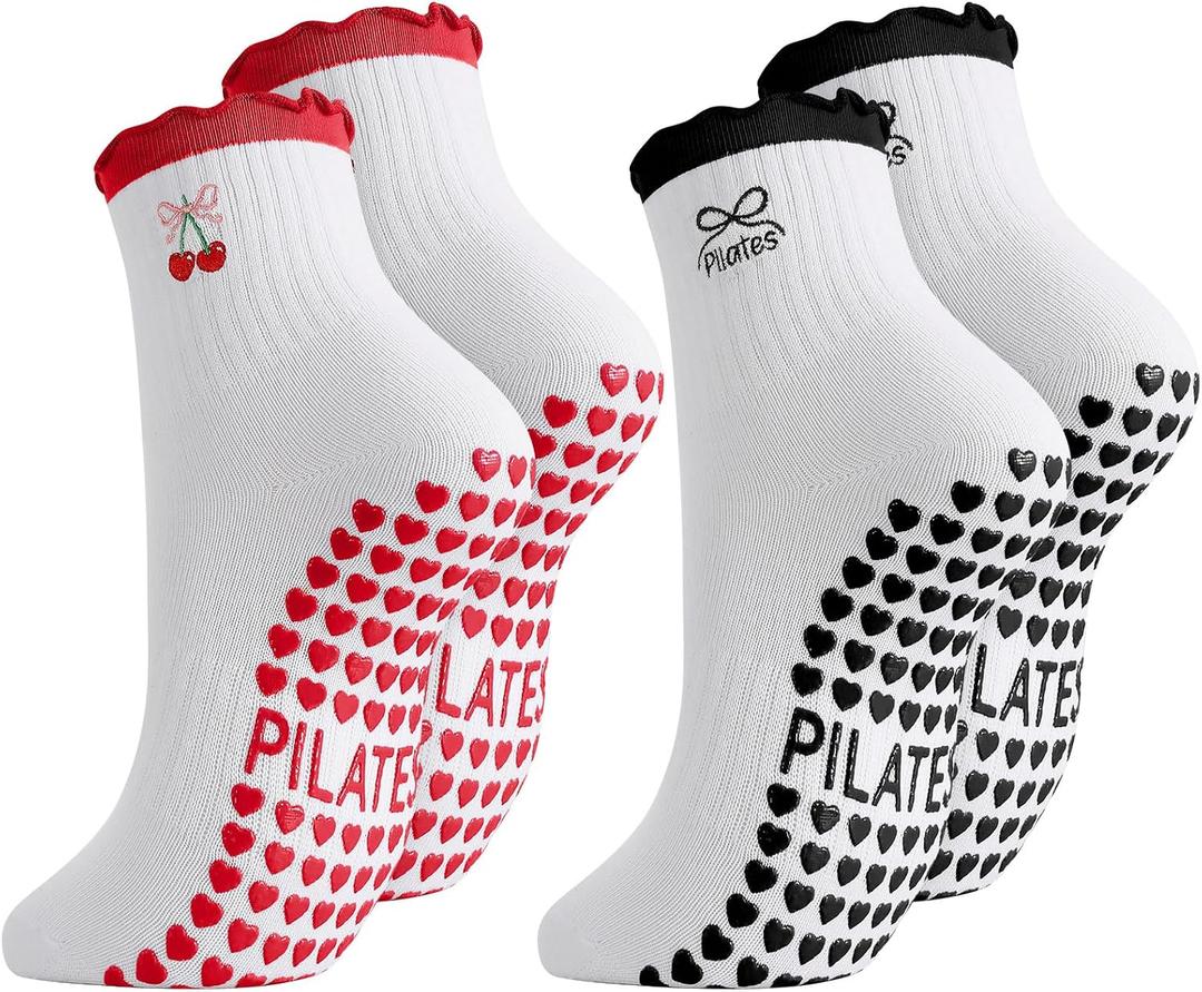 Jspupifip 2/4/5 Pairs Womens Embroidery Non Slip Pilates Yoga Socks | Cute Grippy Crew Socks Offered Fit Barre Workout Hospital Indoor Barefoot Daily Activities For Ladies