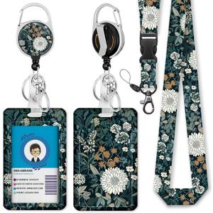 Giancomics Floral Lanyards for Id Badges, Weeds ID Badge Holder with Retractable Reel, Vintage Teacher Lanyard with Keychain Clip Name Tag Card Holder for Women Gift