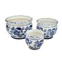 Galt International Floral Blue & White Round Porcelain Ceramic Plant Flower Planter Pot Set of 3 (8", 10", 12") Garden Pots Chinese Asian Design