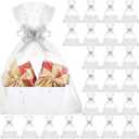 PerKoop 24 Pack Baskets for Gifts Bulk DIY Empty Gift Basket with Handles Kraft Cardboard Tray 24 Bags 24 Bows for Bridal Shower Graduation Wedding Birthday, 6. 5 x 9. 8 Inch(White)