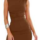 OWIN Women's Ruched Bodycon Dress Summer Casual Sleeveless Elegant Club Evening Party Cocktail Mini Dresses Brown XL