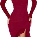 Womens Sexy Ruched Bodycon Midi Dress Mesh Long Sleeve Square Neck Cocktail Ruffle Hem Dress Spring Wedding Guest Dress (Medium, A001 Wine)