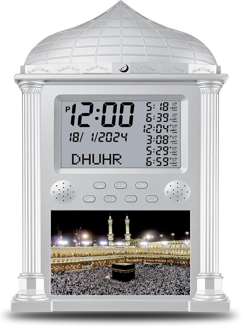 Azan Clock, Muslim Athan Wall Clock Alarm with LCD Display, Digital Azan Clock for Home/Office/Mosque-Ramadan Eid Gifts (Silver)