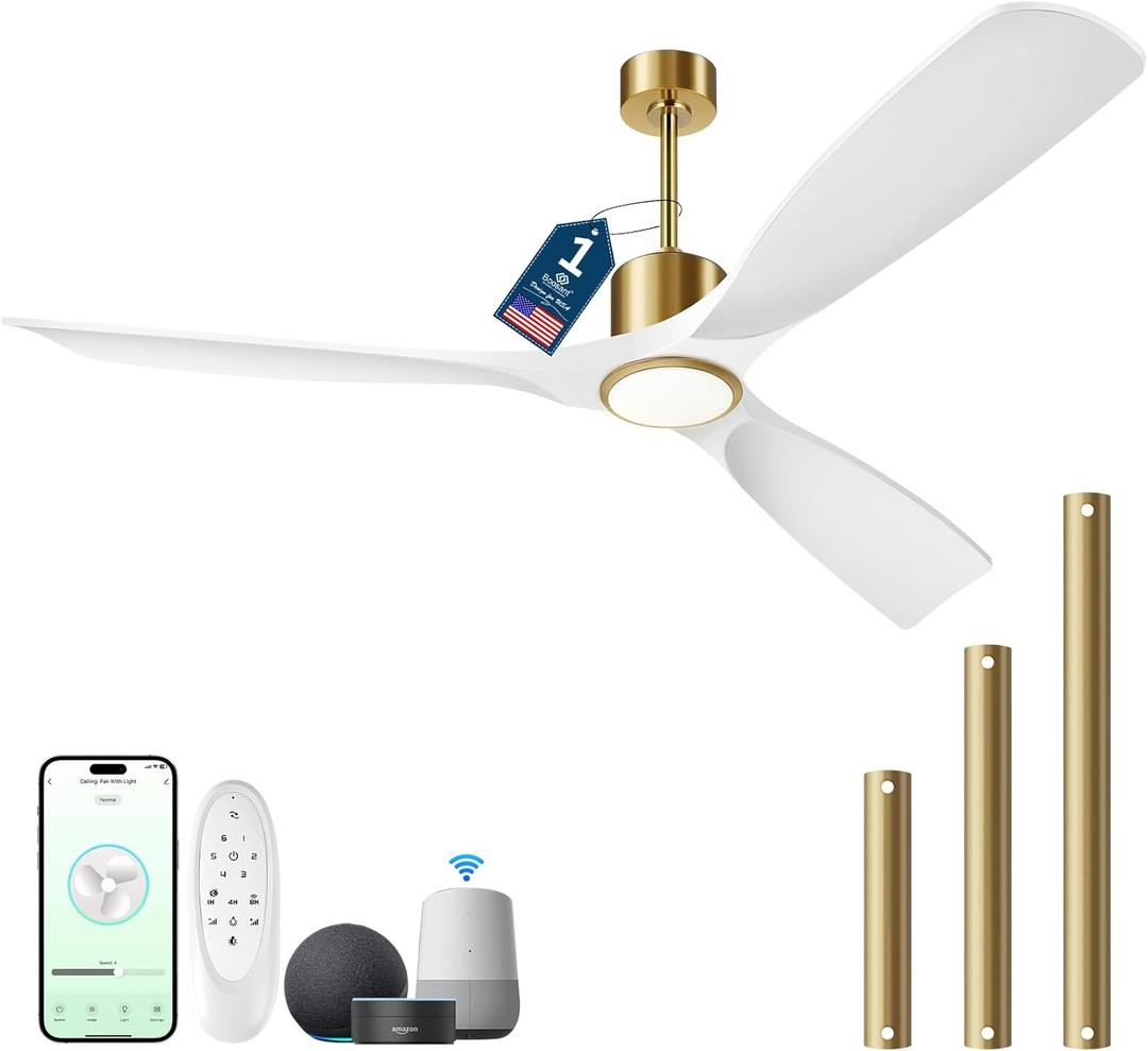 60 Inch Modern White and Gold Ceiling Fan with Lights, 3 Blade, Energy Efficient DC Motor, Smart App & Remote Control, 7230 CFM, 6 Speeds, 3 Light Colors, Indoor/Outdoor