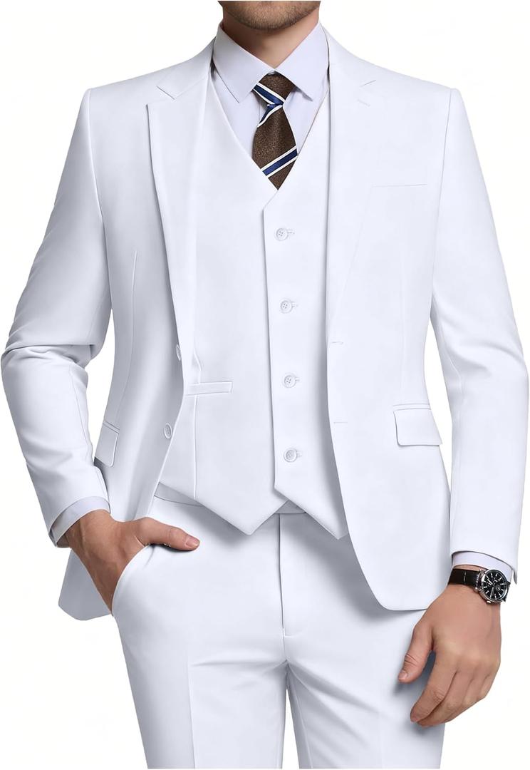 Men's 3 Piece Slim Fit Suit Set, Two Button Blazer Solid Jacket Vest Pants Wedding Business Suit (White, L)