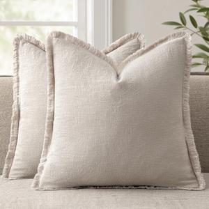 ANRODUO Set of 2 Decorative Throw Pillow Covers 26x26 Inch Soft Linen Fringe Farmhouse Boho Vintage Cushion Covers with Tassels Accent Pillowcase for Couch Sofa Bed Living Room Summer Natural Beige