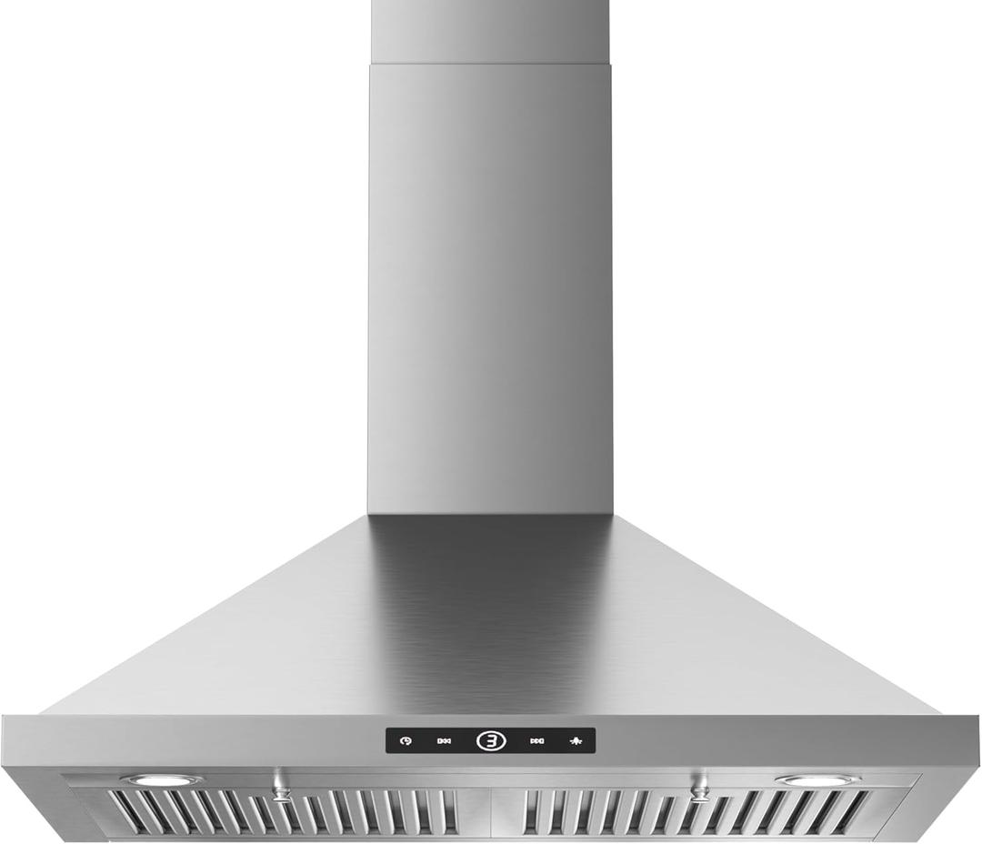 VIKIO HOME Wall Mount Range Hood 30 inch, 580 CFM, Ducted/ Ductless Convertible, Stainless Steel Kitchen Vent Hood with 3-Speed Fan and LED Lights