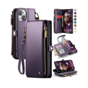 Defencase Compatible with iPhone 14 Plus Case Wallet with RFID Blocking Card Holder for Women Men, Soft PU Leather Magnetic Snap Flip Zipper Strap Wallet Phone Case Fit for iPhone 14 Plus 6.7", Purple