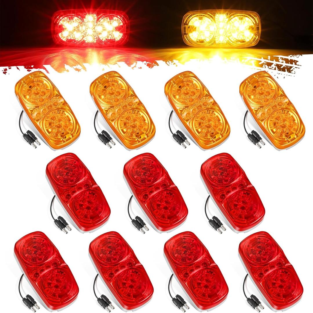 Partsam 11Pcs Upgrade Double Bullseye Amber/Red 16LED Marker Lights with Reflector Cup, Side Marker Clearance Lights with Bullet Connectors for Trailer RV Camper Motorhome, 12V, (4 Amber + 7 Red)