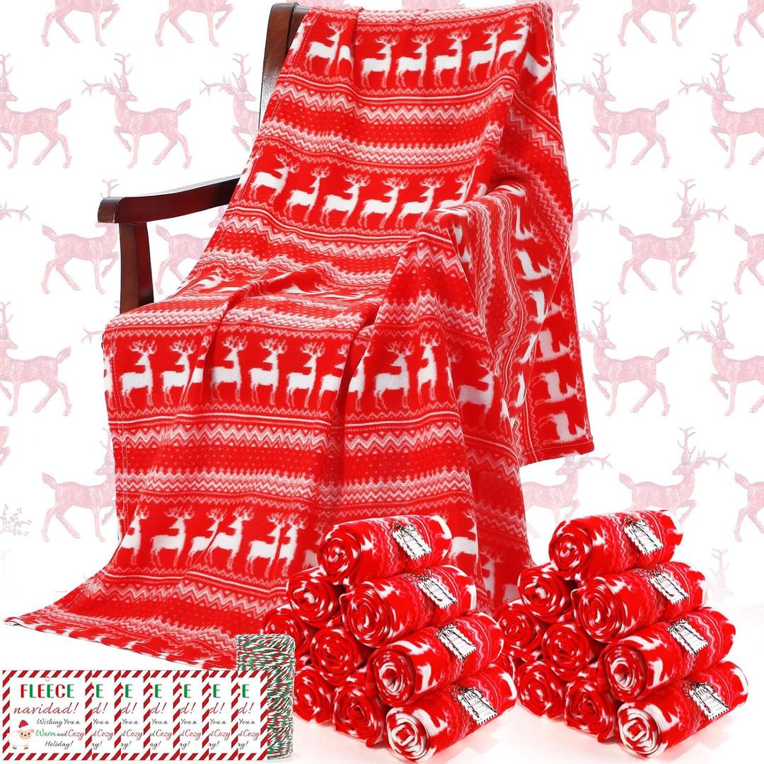24 Pcs Christmas Throw Blankets Bulk 50 x 60 Inch Soft Fleece Blanket Tags,Reindeer Printed Warm Throw Blanket for Winter Bedding Couch Office Wedding Gifts Travel