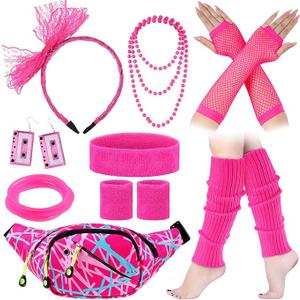 Hicarer 18 Pcs 80s Accessories for Women Girls Neon Retro Glow 1980s 90s Party Outfits New Year Costume Pink Fanny Pack Leg Warmer