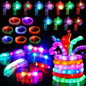 32Pcs Glow in the Dark Party Supplies,Light up Party Favors for Kid Adult Birthday Halloween Party with Glow Sticks Light Up Pop Tubes Flashing Glasses Bracelet Glow Whistles,Led Toys for Boys Girls