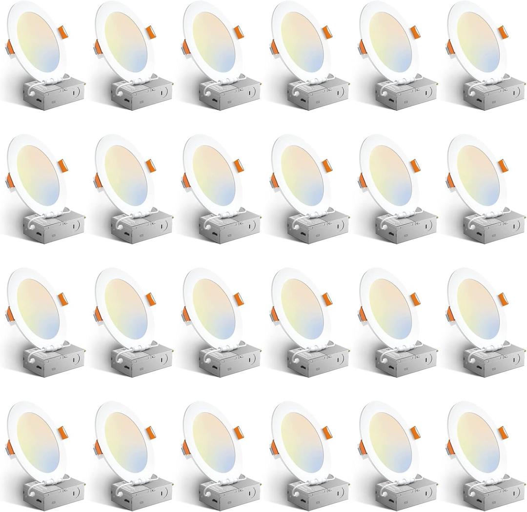 Amico 24 Pack 6 Inch 5CCT Ultra-Thin LED Recessed Ceiling Light with Junction Box, 1050LM Brightness, Dimmable Canless Wafer Downlight, 12W, ETL&FCC (White)