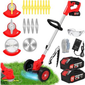 Electric Weed Wacker Eater Cordless Battery Powered, 21V Lightweight No-String Weed Trimmer with 2 Battery Operated & Wheels, 3 in 1 Stringless Grass Trimmer/Edger/Brush Cutter for Garden Yard Lawn