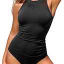 Smismivo High Neck Swimsuits for Women Full Coverage One Piece Bathing Suit Modest Slimming Tummy Control Retro Swimwear (XX-Large, Black)