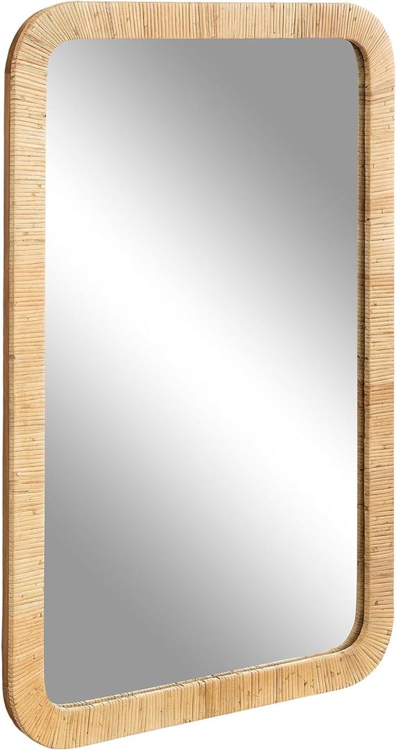 Kate and Laurel Rahfy Boho Rectangle Rattan Wall Mirror, 24 x 36, Natural Wood, Decorative Rounded Rectangular Mirror with Authentic Rattan Frame for Bathroom Vanity Mirror