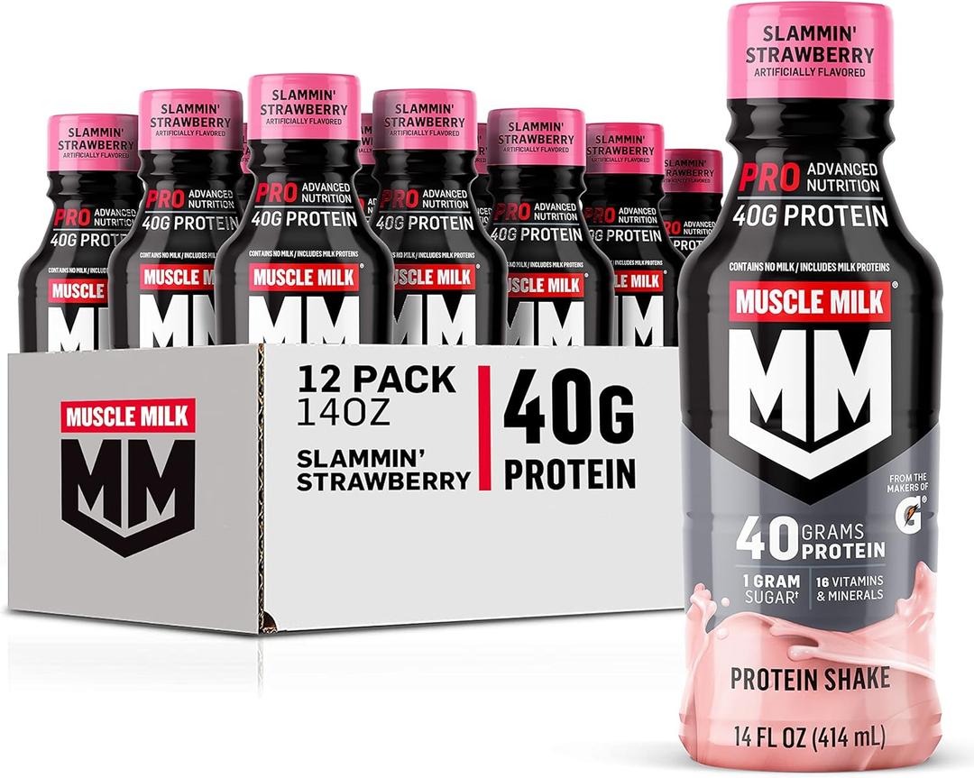 Muscle Milk Pro Series Protein Shake, Slammin' Strawberry, 40g Protein, 14 Fl Oz, 12 Pack (EXP 10/13/26)