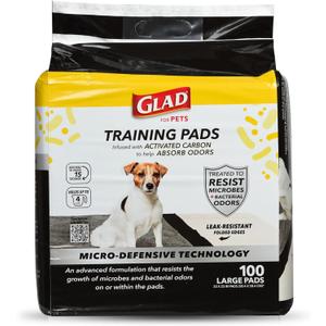 Glad for Pets Activated Carbon Puppy Training Pads with Anti-Microbial Technology, Odor Control Pee Mats for Dogs, 6-Layer Leak-Proof Heavy Duty Indoor Potty Pads, 23 x 23 Inches, 100 Count