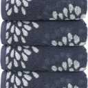 Pidada Hand Towels Set of 4 Hydrangea Floral Pattern 100% Cotton Absorbent Soft Decorative Towel for Bathroom (Denim Blue)