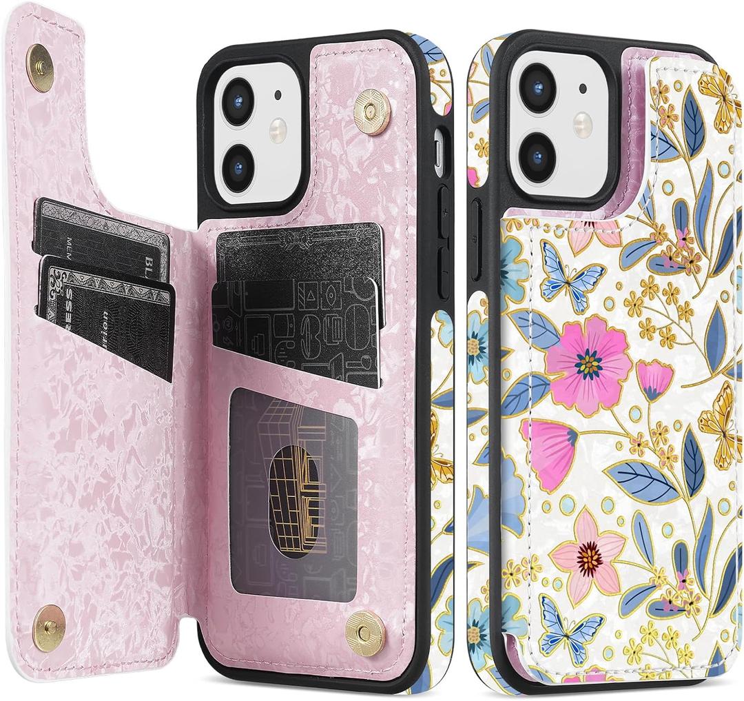 NNH Compatible with iPhone 12 Mini Wallet Case with RFID Blocking Card Slots Folio Flip PU Leather Kickstand Double Magnetic Clasp Design Cover for iPhone 12 Mini(5.4 inch-Colorful Butterfly Flowers)