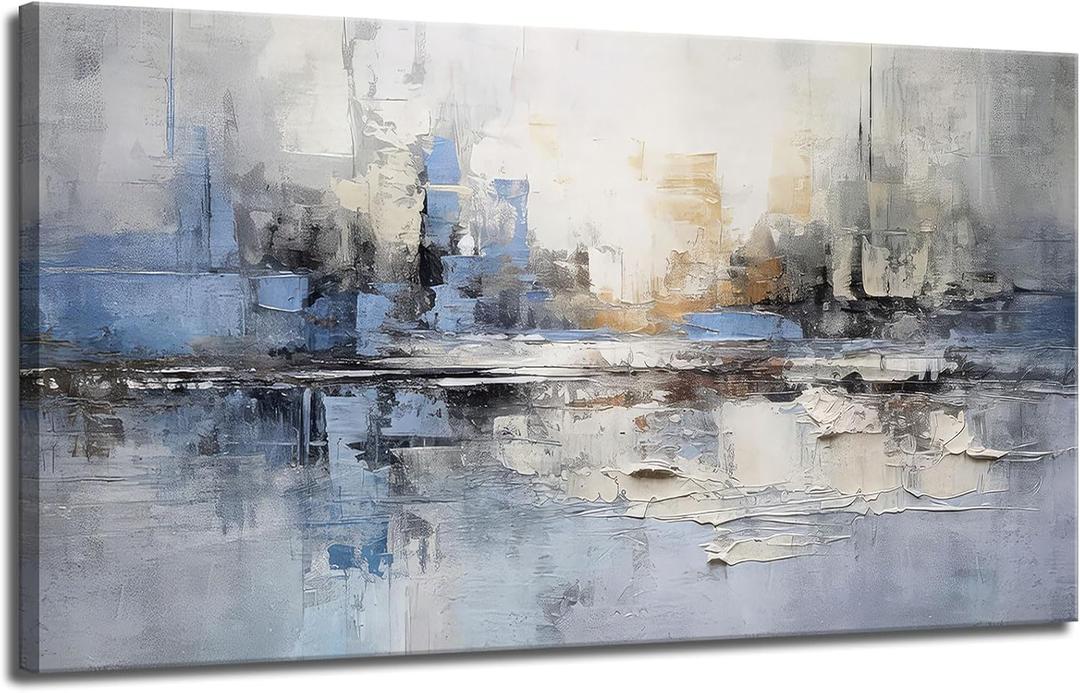 Large Abstract Living Room Canvas Wall Art Blue and White Reflection painting Decor Pictures Modern Big Neutral Posters Prints for Bathroom Bedroom Office Home Decoration (40"L x 20"W)