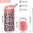 ALAZA Pink Leopard Animal Cheetah Pattern Kids Water Bottles with Lids Straw Insulated Stainless Steel Water Bottles Double Walled Leakproof Tumbler Travel Cup for Girls Boys Toddlers 12 oz,Pink