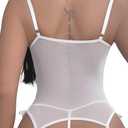 Women Lingerie Sexy Floral Lace Lingerie Set 3 Piece Bodysuit Teddy Outfit with Bustier G-string and Stockings (White, XL)