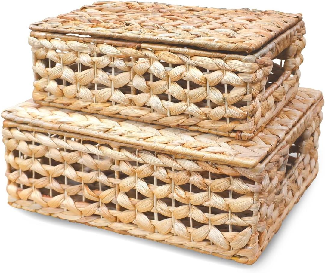 Wicker Storage Baskets with Lids - Set of 2 Rectangular Water Hyacinth Boxes, Natural Decor Organizer, Basket with Top, Multi-Use for Home and Shelf, Hyacinth Decorative Boxes for Effective Storage