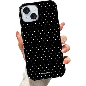 for iPhone 15 Case,Fashion Cute Aesthetic Polka Dot Pattern | Cover for Women | Shockproof Slim Soft TPU and Hard PC Protective Black