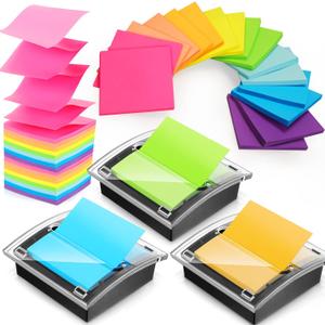 Meanplan 3 Pack Pop up Sticky Dispenser Note Holder Black Base with 24 Pads Colored Pop up Sticky Notes Memo Pads Self Stick 3x3 Refills Back to School Office Desk Supplies, 50 Sheet Per Pad