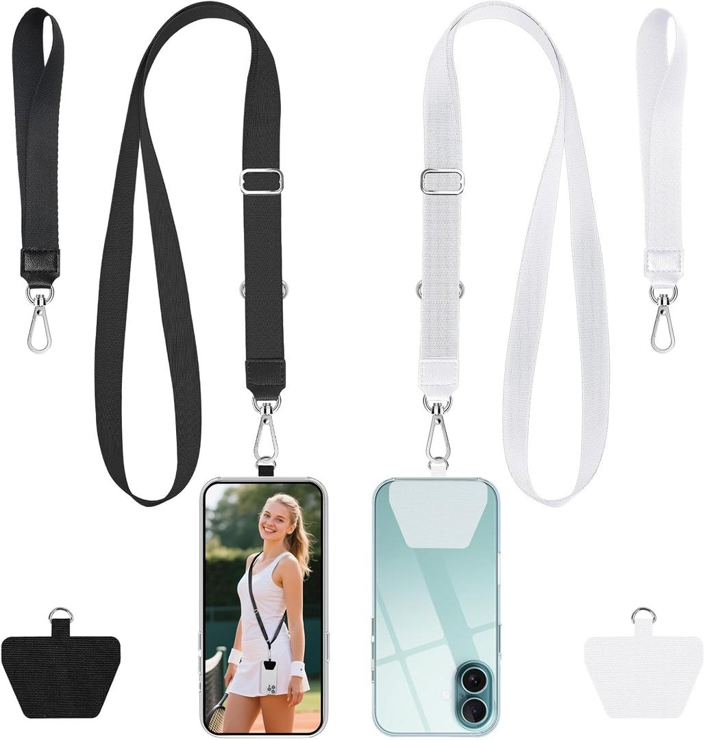 takyu Phone Lanyard, 2 Pack Adjustable Crossbody Neck/Wrist Strap with 2 PcsTether Pads, Secure Hands-Free Compatible for iPhone Samsung Perfect for Nurses, Teachers, Travel, Hiking Black+White