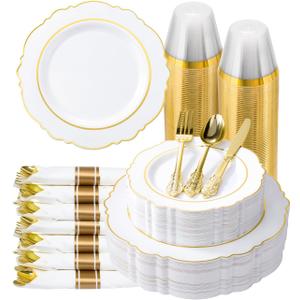 realluck 350 Piece White Gold Plastic Dinnerware Set for 50 Guests Elegant Baroque Disposable Dinnerware for Weddings, Parties, 100 Plastic Plates, 50 Pre Rolled Napkins with Silverware, 50 Cups