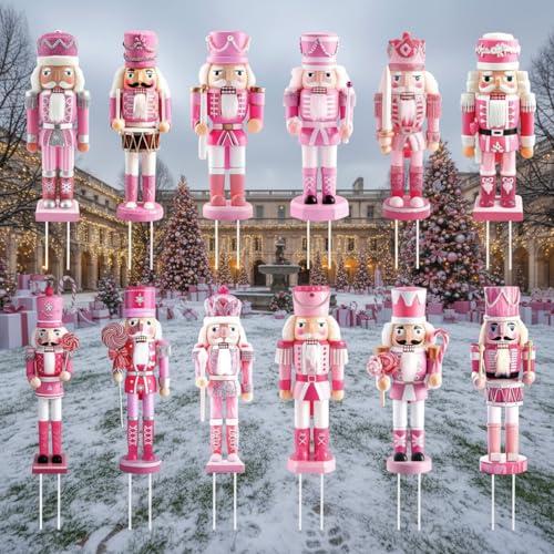 Roowest 12 Pcs 3D Pink Christmas Nutcracker Decoration Outdoor, Christmas Nutcracker Soldier Yard Signs with Stakes Lawn Sign for Holiday Xmas Outside Lawn Porch Patio Yard Garden Pathway Decor Favors