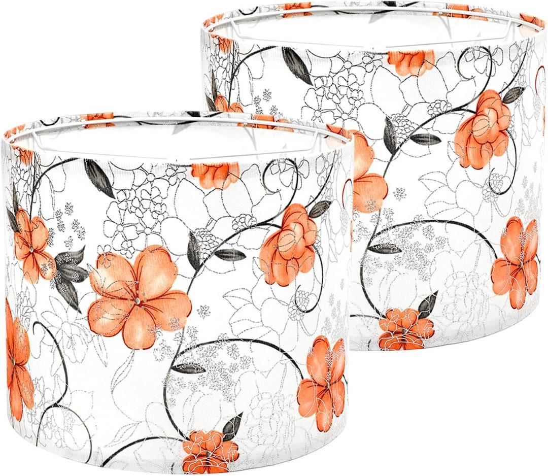Lamp Shades Set of 2, Drum Lampshades 13" Top x 13" Bottom x 10" Height, Medium Fabric Lamp Shade Replacement with Spider Fitter, Orange Floral Botanical for Table Floor Lamps